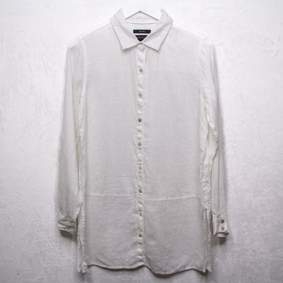 TAHARI 100% Linen Tunic Button Up Blouse Capiz Shell Buttons White Sz S - Picture 1 of 10